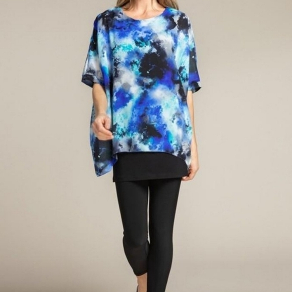 Sympli Whisper Twin Tunic 3/4 Sleev Gypsy Blues/black Size 8